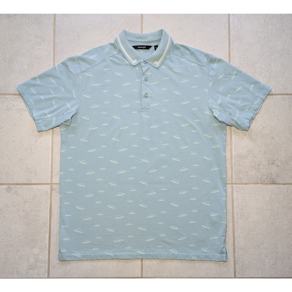 Radmor Men's Large Polo Golf Shirt UFO Print All Over Print Light Blue Stretch